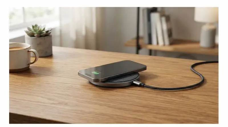 Phone on a wireless charging stand with a cable extending across the desk
