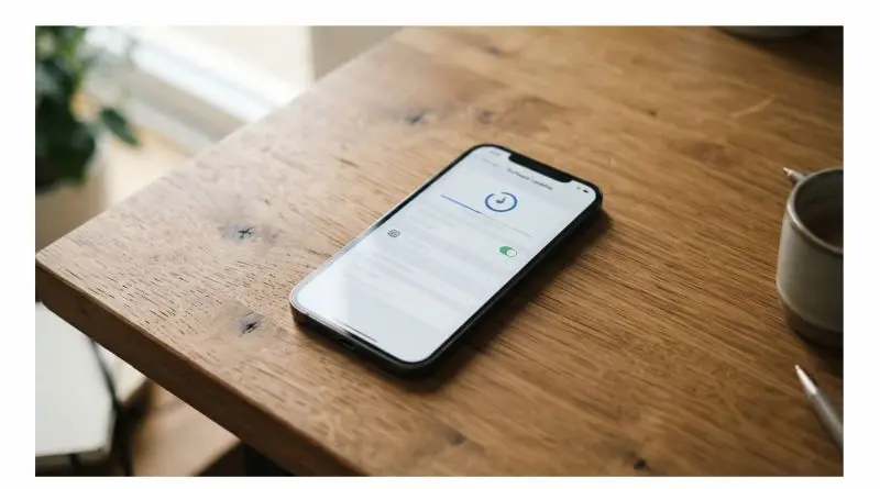 Phone lying on a wooden tabletop with a coffee cup nearby