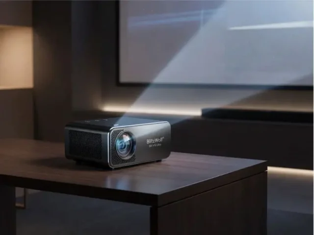 Close-up of a BlitzWolf projector resting on a dark wooden table
