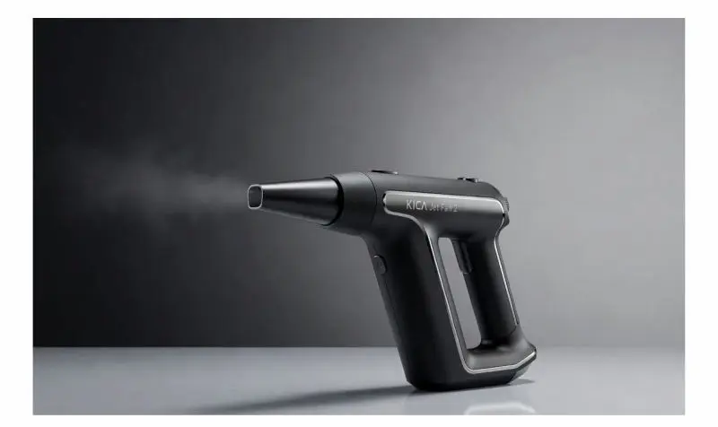 Black handheld KICA JetFan 2 with a tapered nozzle emitting a visible spray.