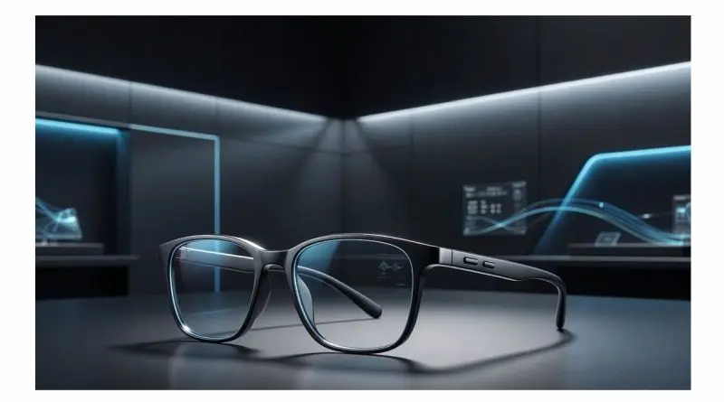 Modern black glasses displayed against a dark high-tech backdrop 