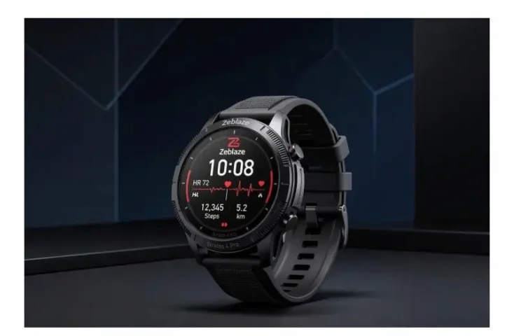 Zeblaze Stratos 3 Pro smartwatch displayed at an angle against a dark background.